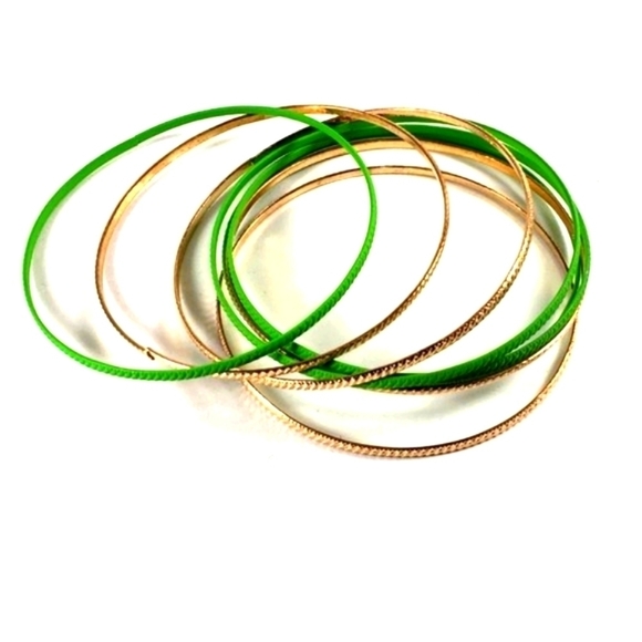 Set of 8  Gold-Tone & Green Dainty Bangle Bracelets - Women's Fashion Jewelry - Picture 2 of 5